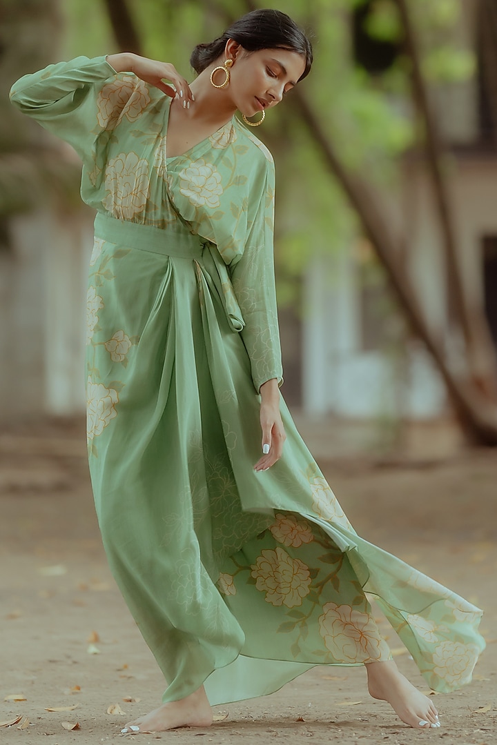 Green Crepe Printed Dress by Paulmi & Harsh