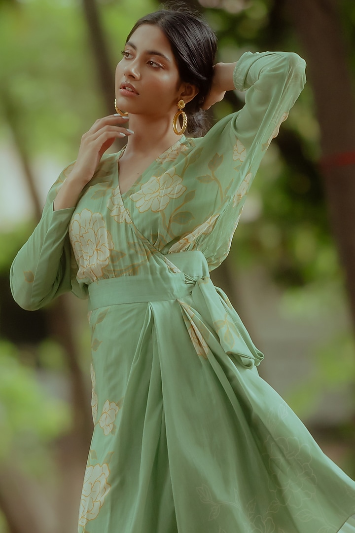 Green Crepe Printed Summer Dress by Paulmi & Harsh at Pernia's Pop Up Shop