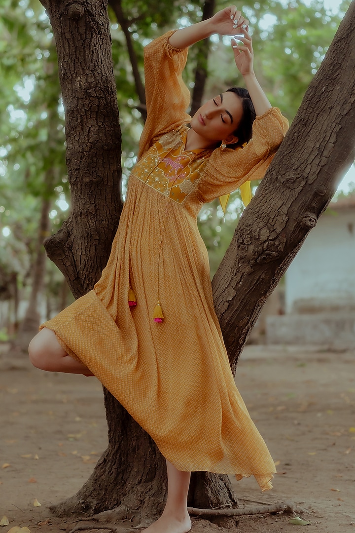 Ochre Yellow Hand Embroidered Maxi Dress by Paulmi & Harsh