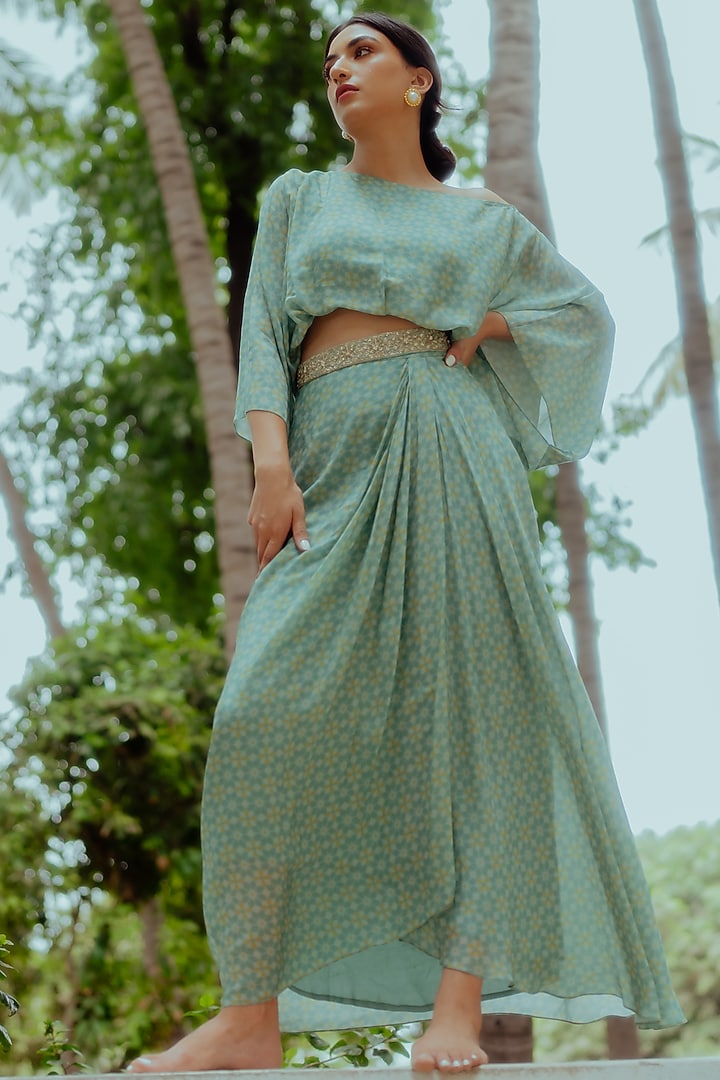 Teapot Blue Pure Crepe Skirt Set by Paulmi & Harsh at Pernia's Pop Up Shop