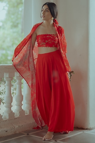 Poppy Red Printed Jacket Set by Paulmi & Harsh