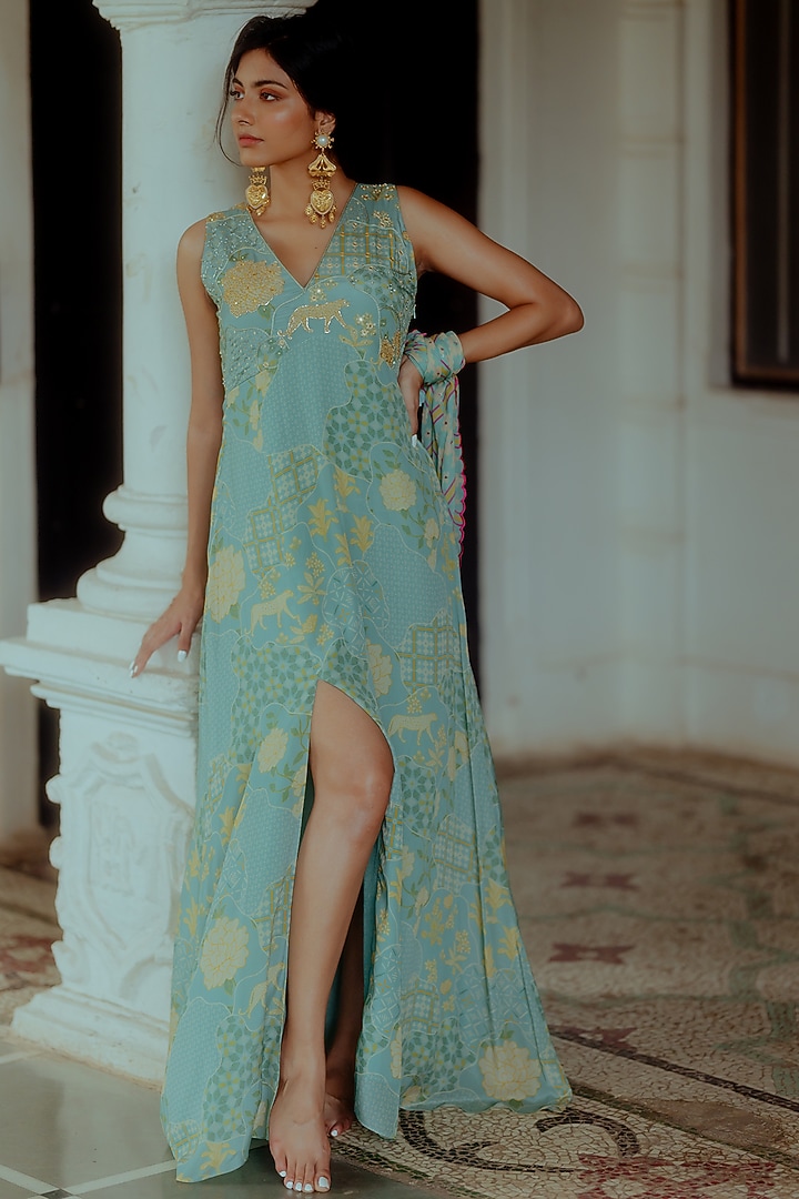 Teapot Blue Printed & Embellished Maxi Vacation Dress by Paulmi & Harsh at Pernia's Pop Up Shop