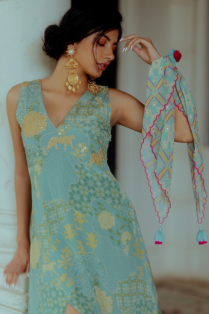 Teapot Blue Printed & Embellished Maxi Vacation Dress by Paulmi & Harsh at Pernia's Pop Up Shop