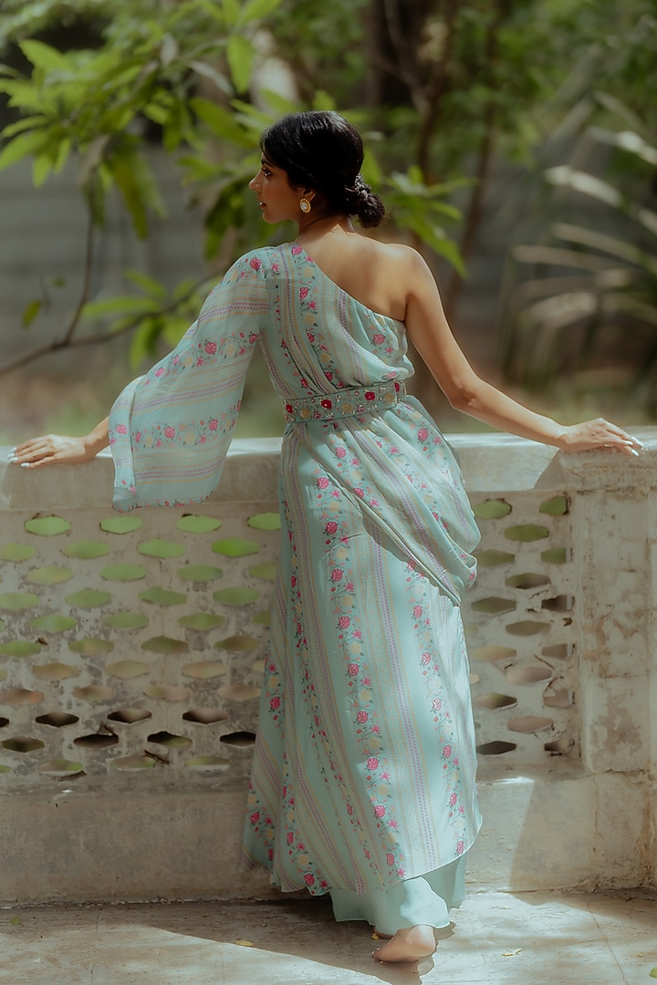 Teapot Blue Printed Draped Skirt Set by Paulmi & Harsh at Pernia's Pop Up Shop
