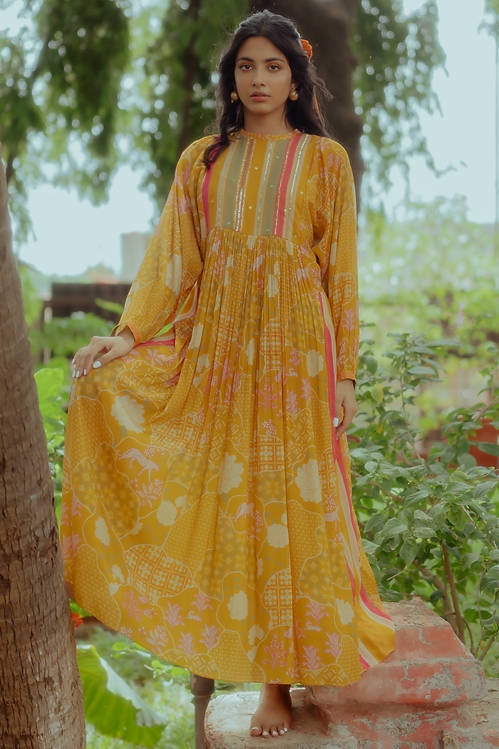 Ochre Yellow Printed & Hand Embellished Maxi Dress by Paulmi & Harsh