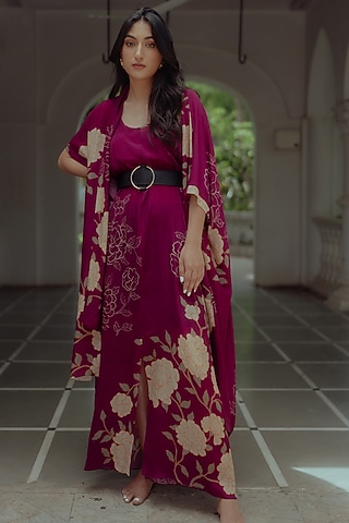 Grape Pure Crepe Printed Jacket Dress by Paulmi & Harsh