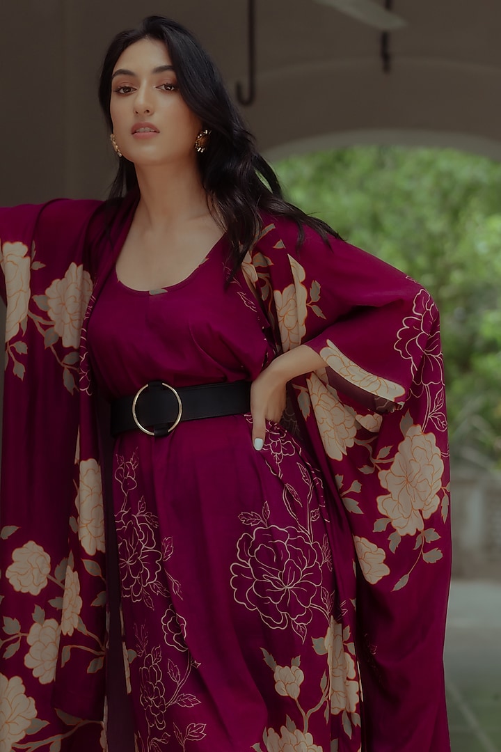 Grape Pure Crepe Printed Jacket Summer Dress by Paulmi & Harsh at Pernia's Pop Up Shop