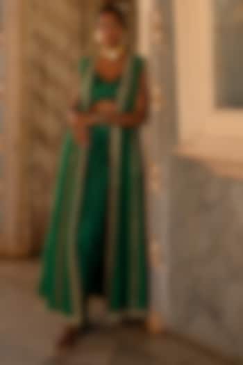 Emerald Green Chiniya Silk Embroidered Long Choga Set by Paulmi & Harsh at Pernia's Pop Up Shop