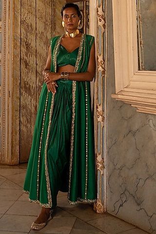 Emerald Green Chiniya Silk Embroidered Long Choga Set by Paulmi & Harsh
