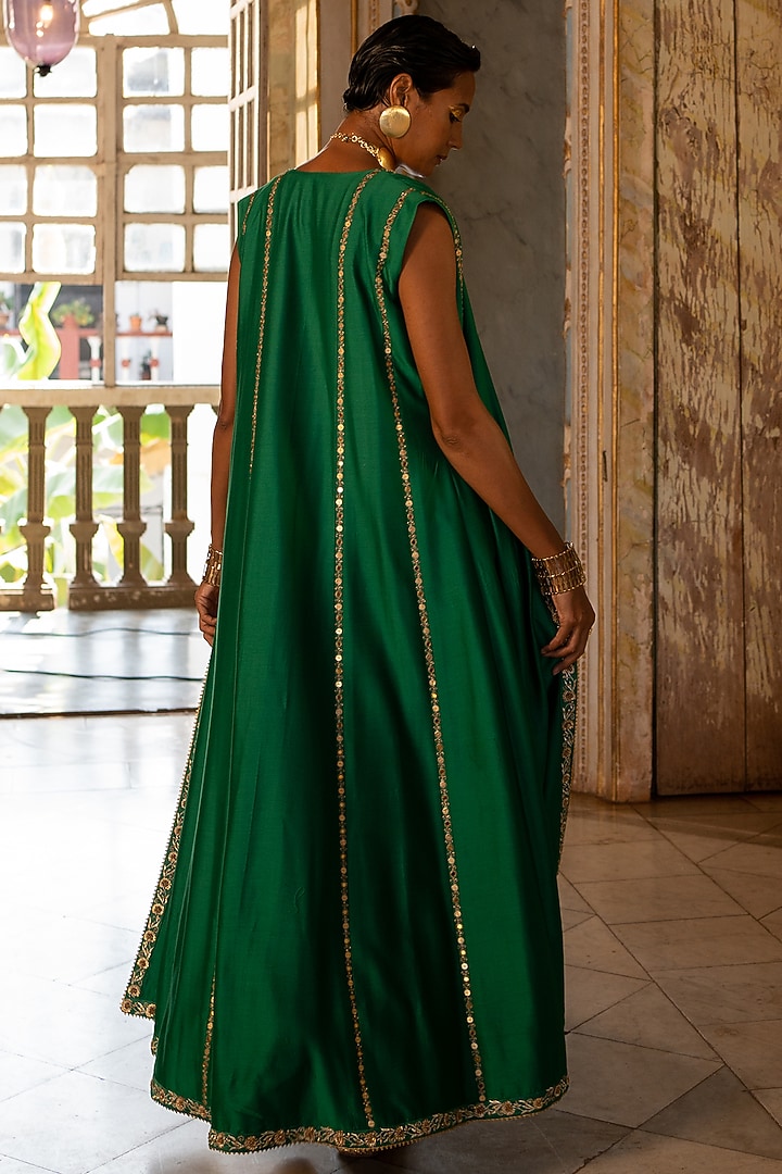 Emerald Green Chiniya Silk Embroidered Long Choga Set by Paulmi & Harsh at Pernia's Pop Up Shop