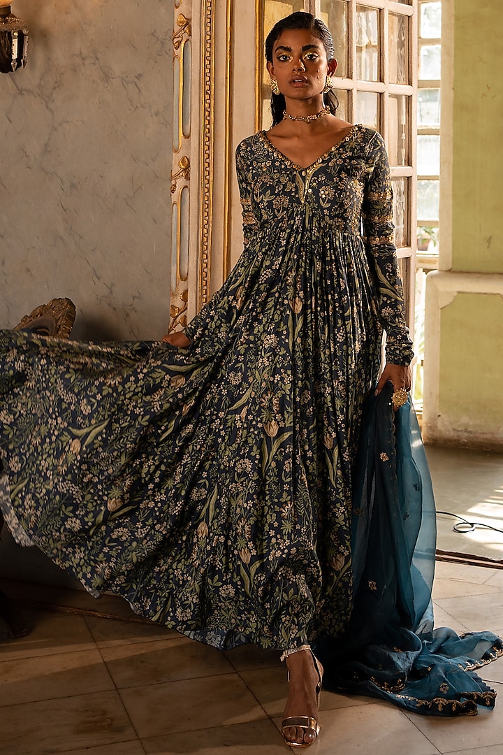 Navy Blue Cotton Silk Printed Party Wear Anarkali Set by Paulmi & Harsh at Pernia's Pop Up Shop