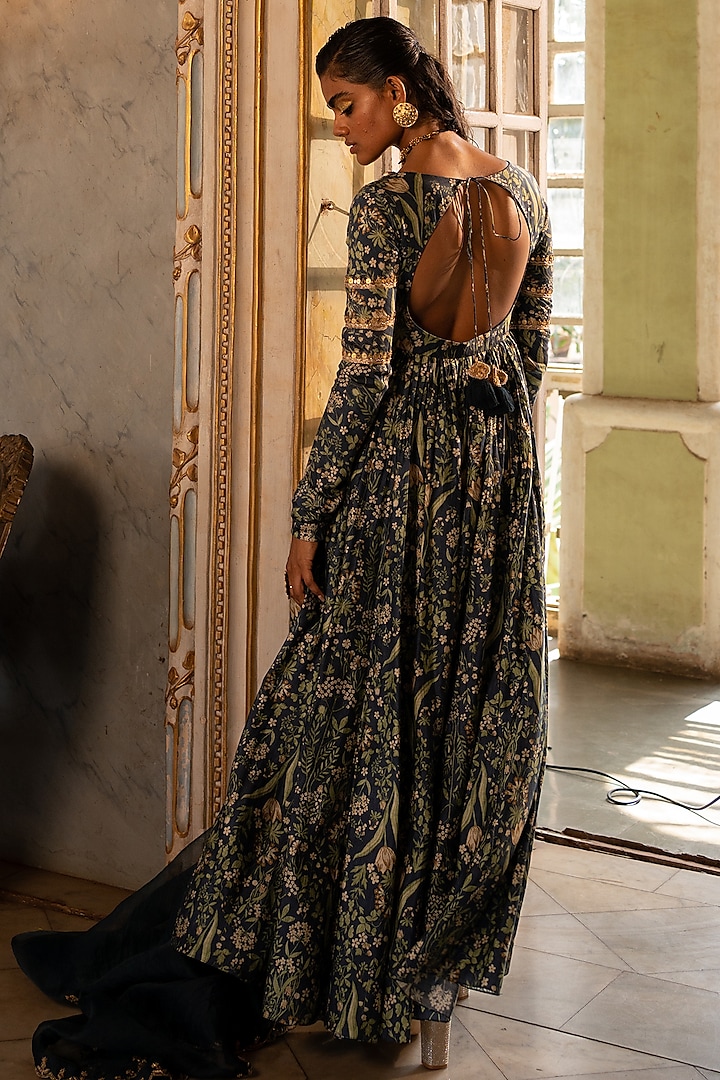 Navy Blue Cotton Silk Printed Wedding Anarkali Set by Paulmi & Harsh at Pernia's Pop Up Shop