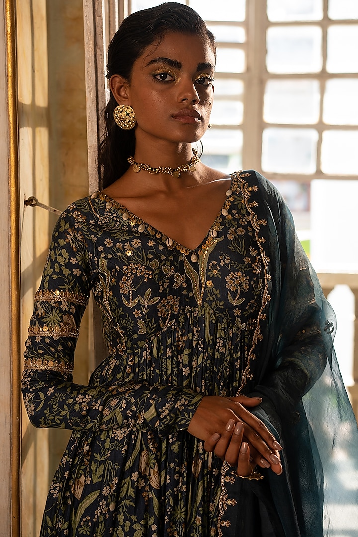 Navy Blue Cotton Silk Printed Wedding Anarkali Set by Paulmi & Harsh at Pernia's Pop Up Shop