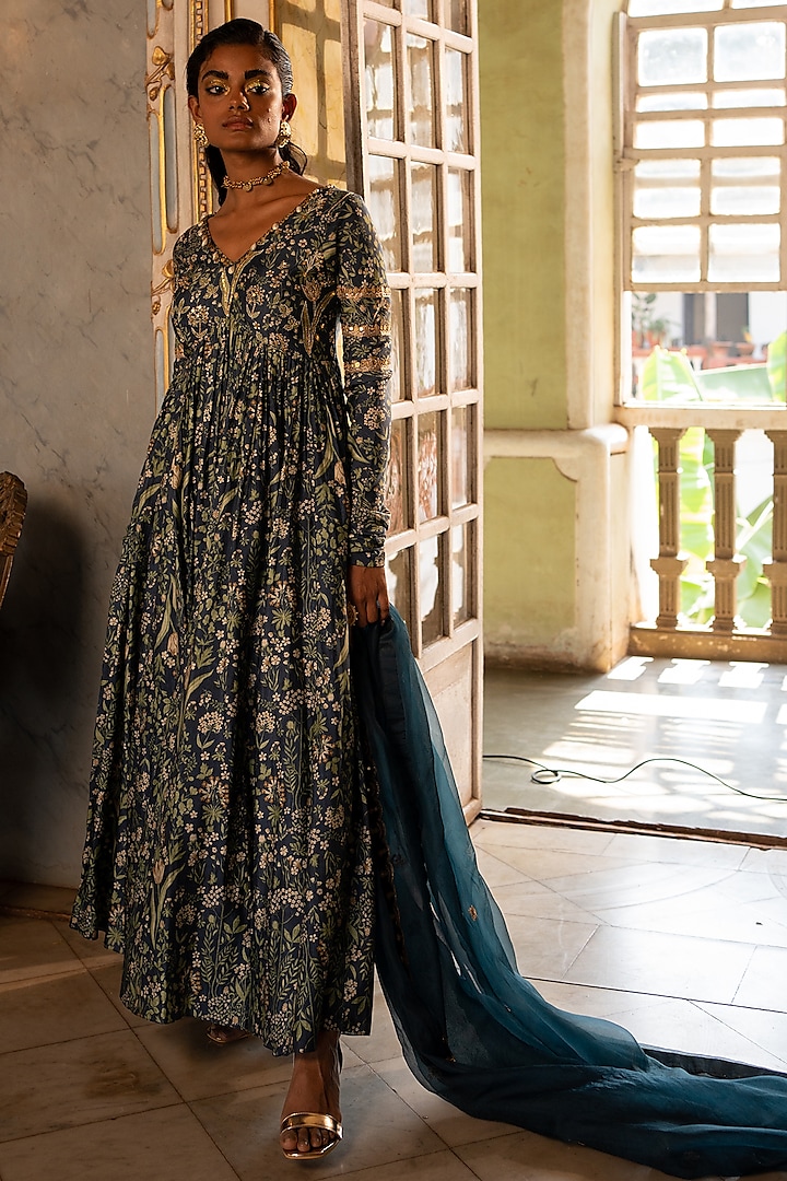 Navy Blue Cotton Silk Printed Wedding Anarkali Set by Paulmi & Harsh at Pernia's Pop Up Shop