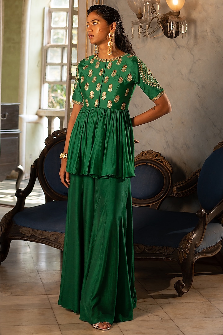 Emerald Green Cotton Silk Pant Set by Paulmi & Harsh at Pernia's Pop Up Shop