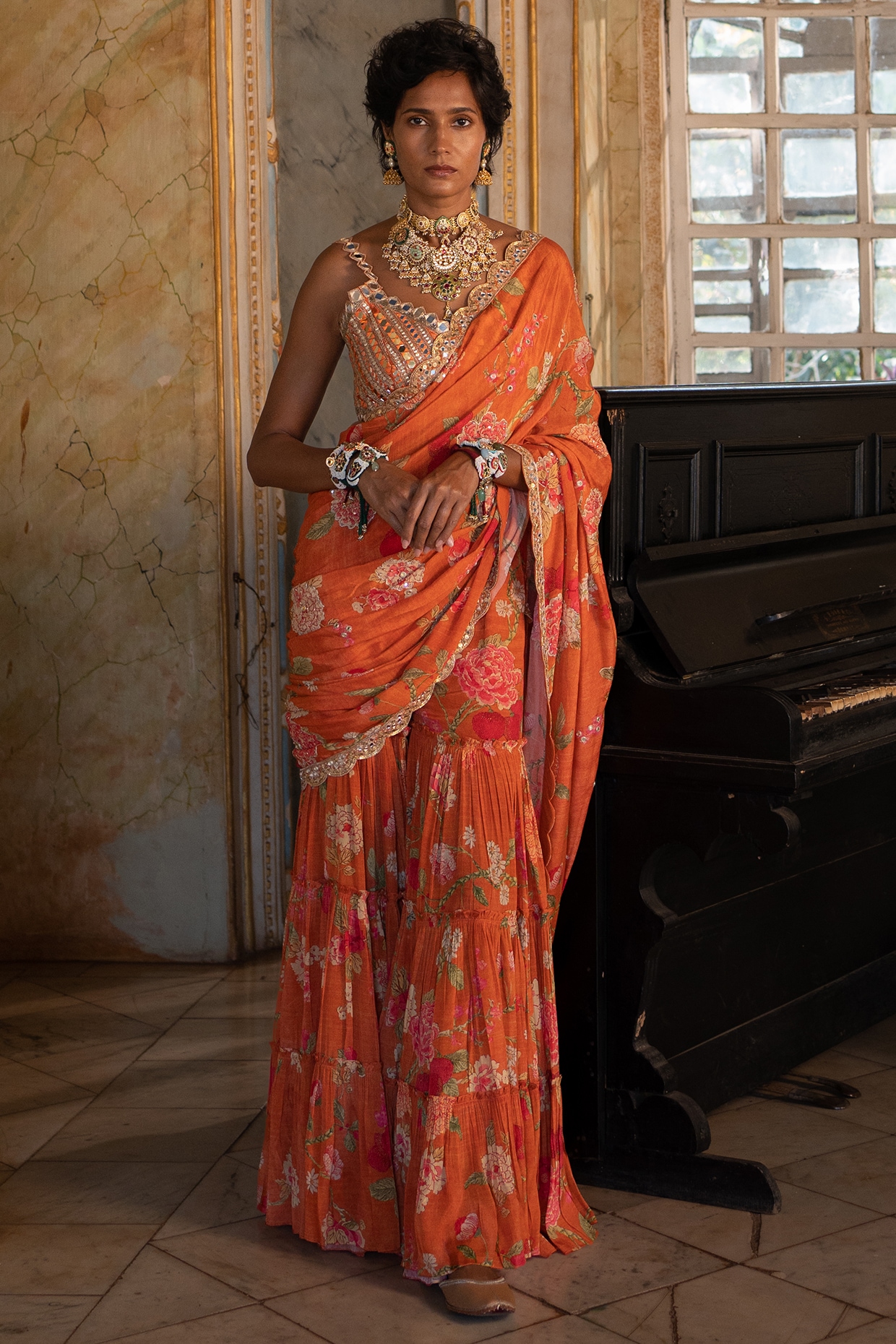 Onion Pink Printed Sharara Sari Set | Paulmi & Harsh – KYNAH