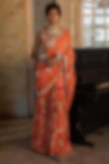 Burnt Orange Crepe Printed Sharara Saree Set by Paulmi & Harsh at Pernia's Pop Up Shop