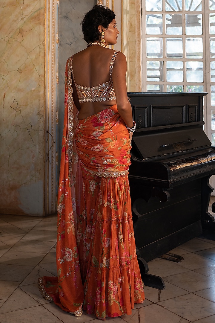 Burnt Orange Crepe Printed Sharara Wedding Saree Set by Paulmi & Harsh at Pernia's Pop Up Shop