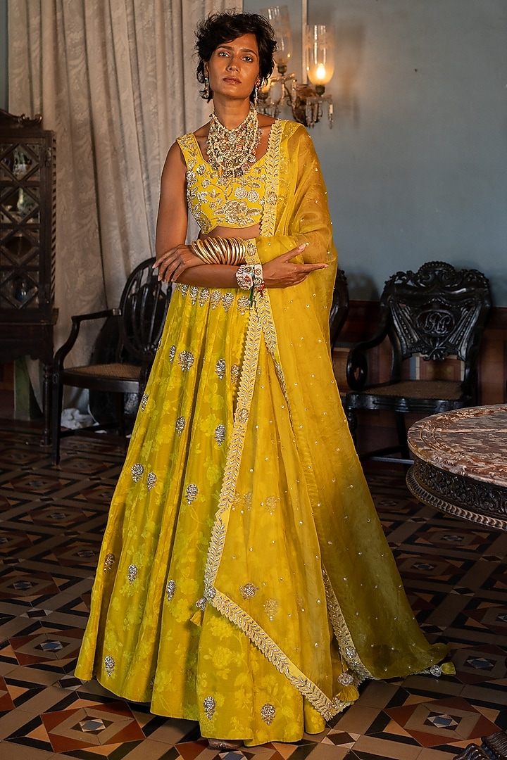 Lime Yellow Russian Jacquard Wedding Lehenga Set by Paulmi & Harsh at Pernia's Pop Up Shop