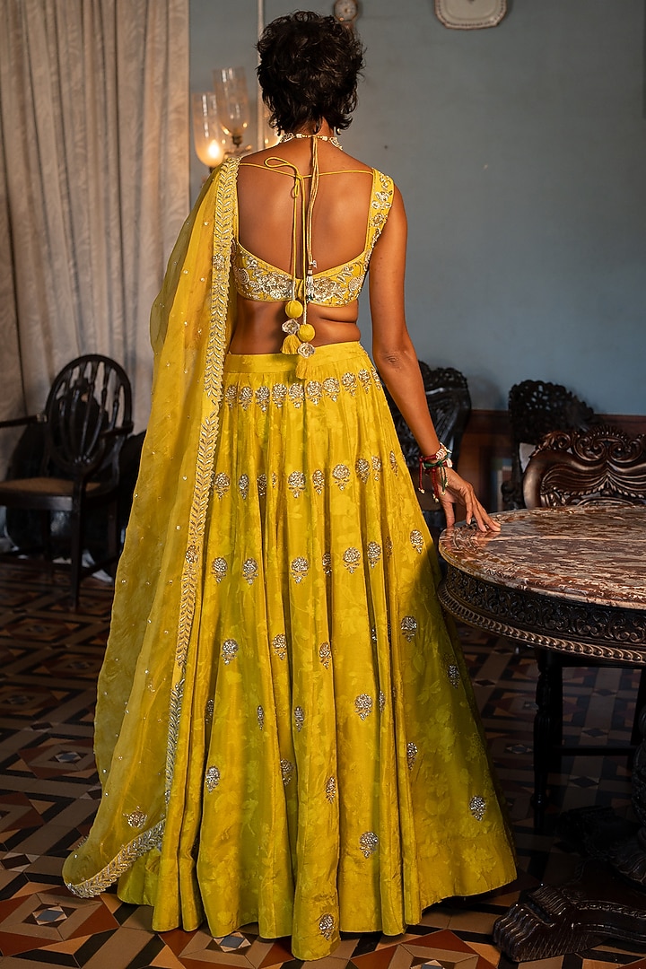 Lime Yellow Russian Jacquard Wedding Lehenga Set by Paulmi & Harsh at Pernia's Pop Up Shop