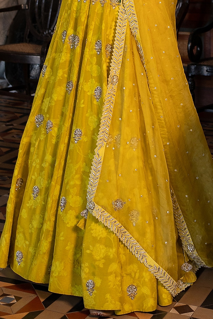 Lime Yellow Russian Jacquard Wedding Lehenga Set by Paulmi & Harsh at Pernia's Pop Up Shop