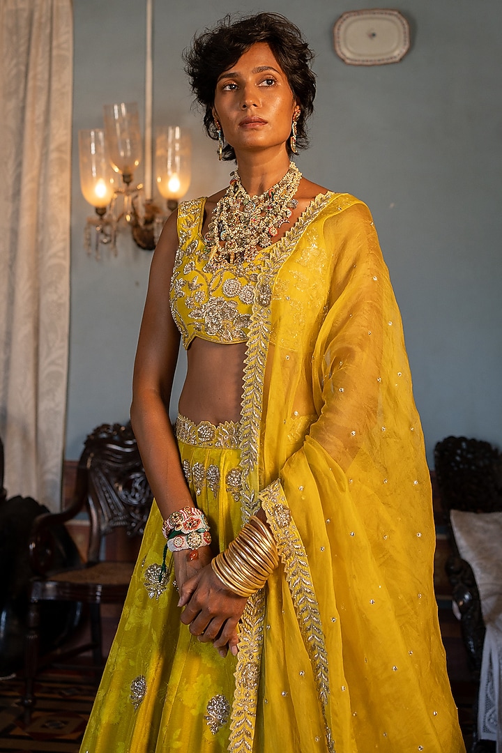 Lime Yellow Russian Jacquard Wedding Lehenga Set by Paulmi & Harsh at Pernia's Pop Up Shop