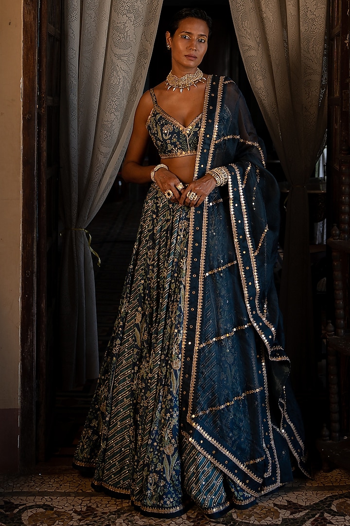 Navy Blue Cotton Silk Printed Wedding Lehenga Set by Paulmi & Harsh at Pernia's Pop Up Shop