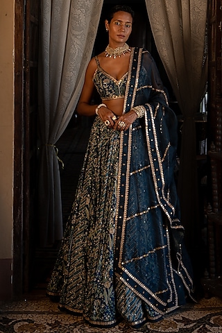 Navy Blue Cotton Silk Printed Lehenga Set by Paulmi & Harsh