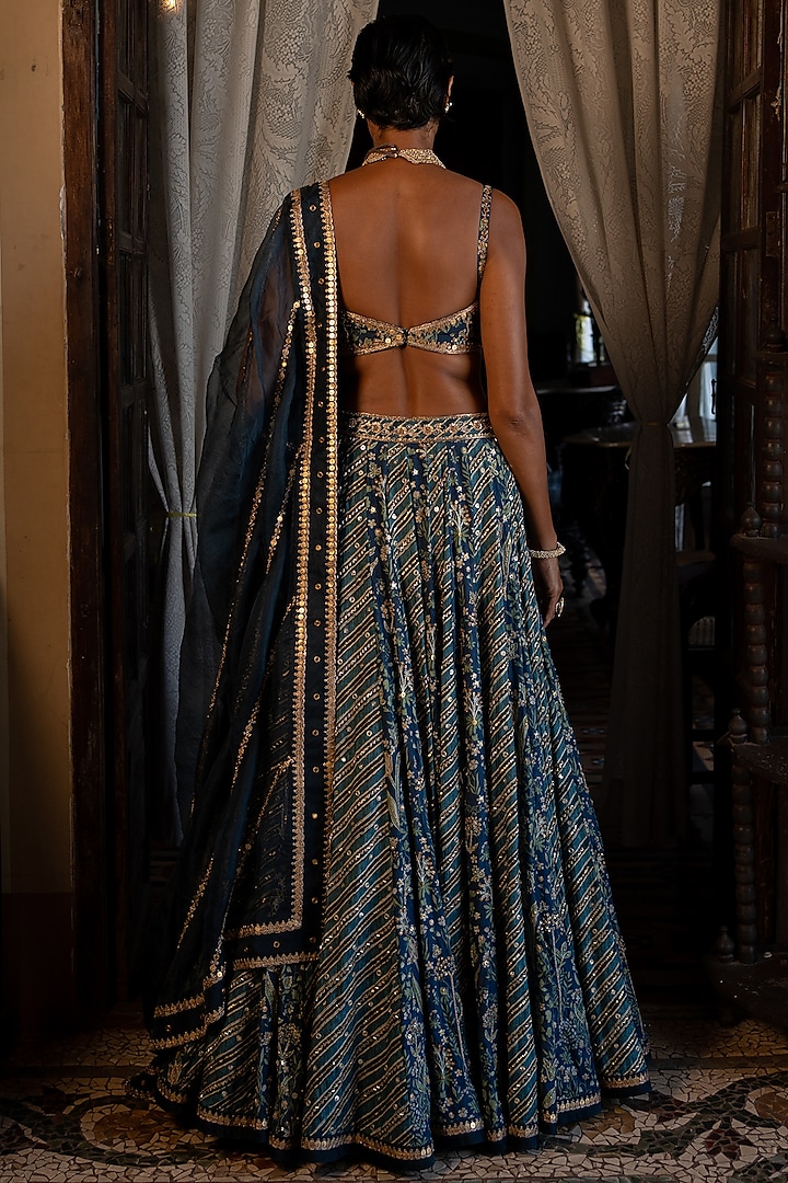 Navy Blue Cotton Silk Printed Wedding Lehenga Set by Paulmi & Harsh at Pernia's Pop Up Shop