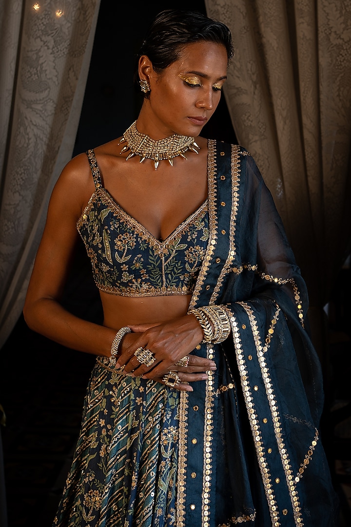 Navy Blue Cotton Silk Printed Wedding Lehenga Set by Paulmi & Harsh at Pernia's Pop Up Shop