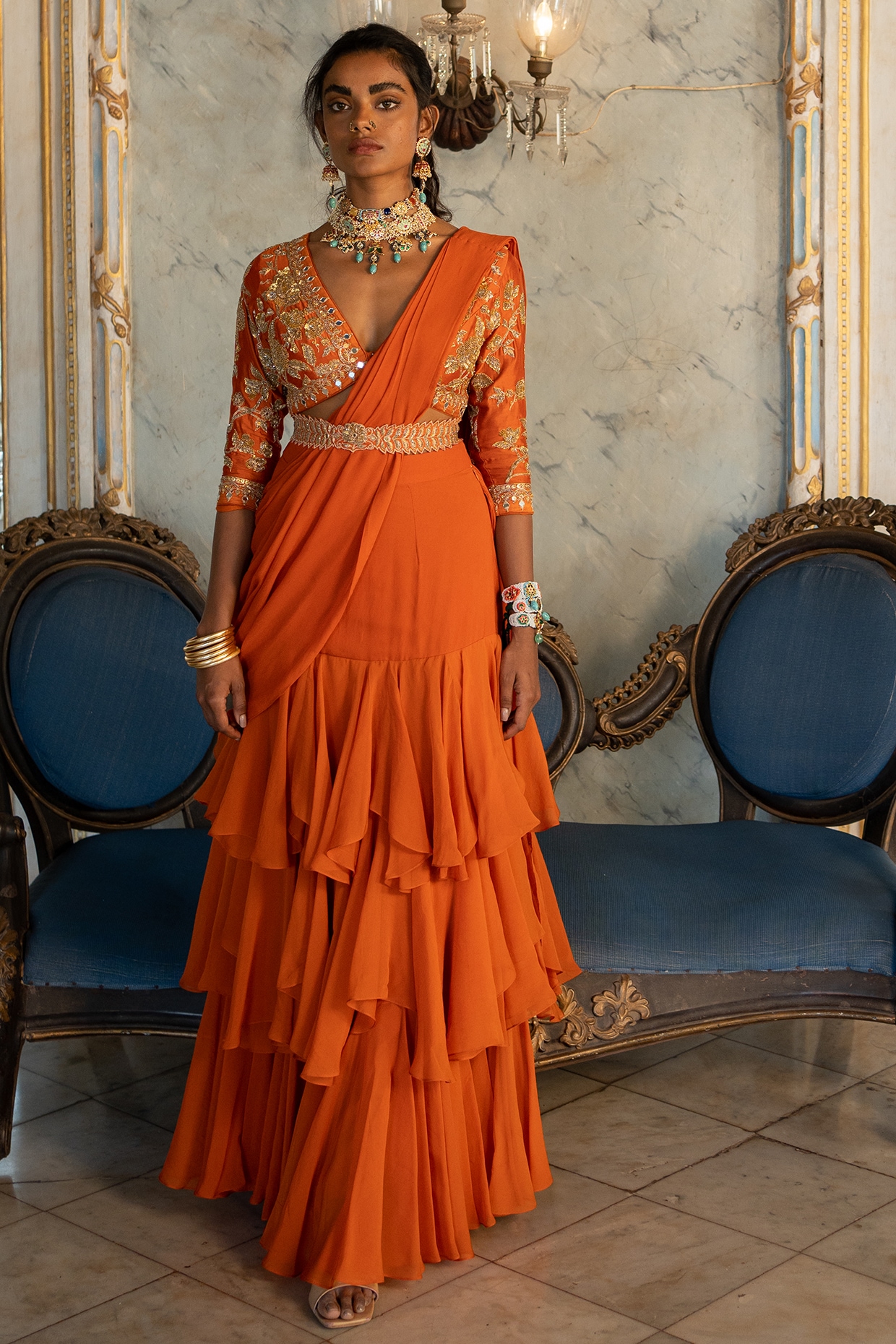 New Fancy Designer Pink Saree Contrast Blouse | Orange designer saree