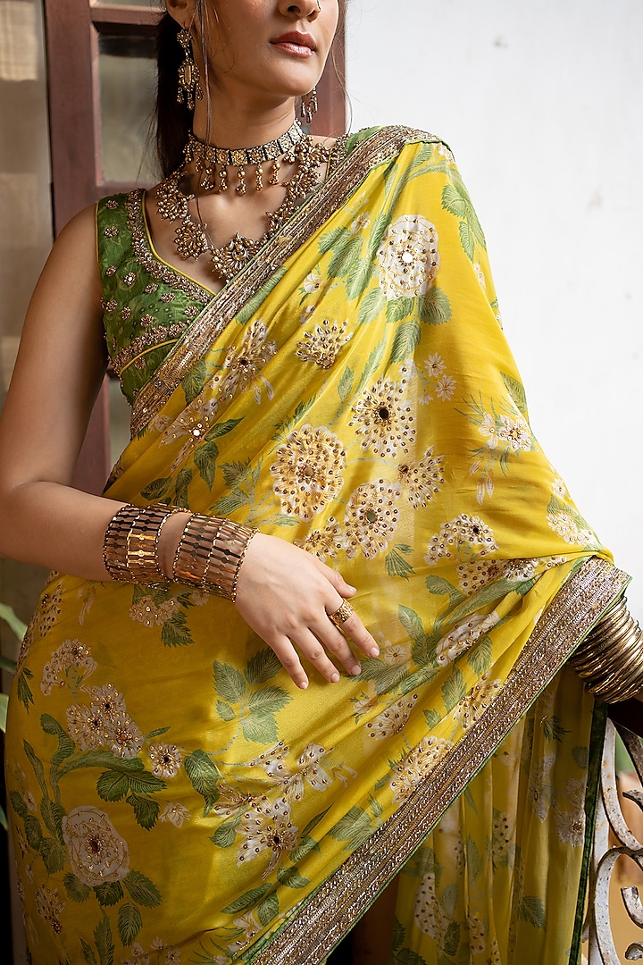 Lime Yellow Crepe Printed Wedding Saree Set by Paulmi & Harsh at Pernia's Pop Up Shop