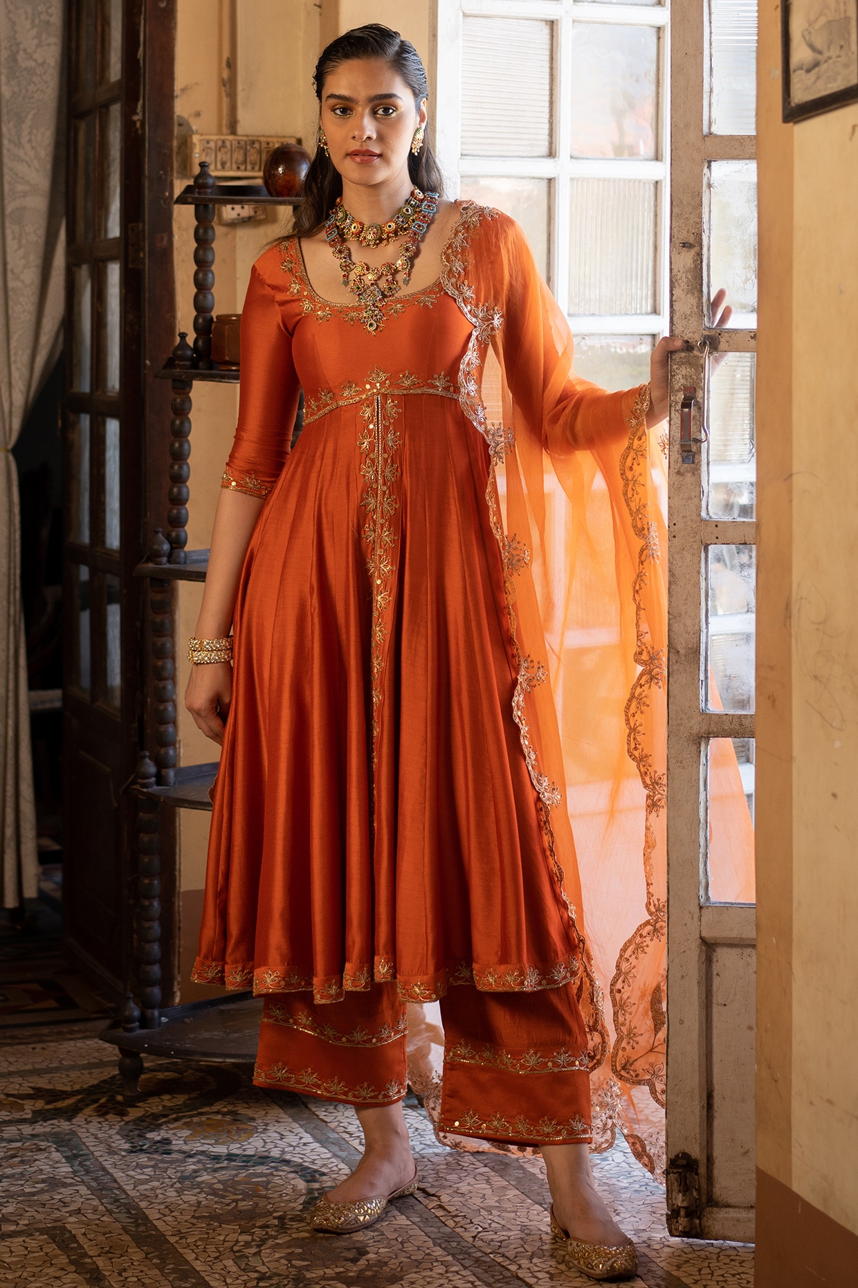 Burnt Orange Chiniya Silk Anarkali Set Design by Paulmi Harsh at