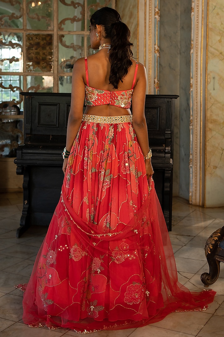 Cherry Red Georgette Printed Wedding Lehenga Set by Paulmi & Harsh at Pernia's Pop Up Shop