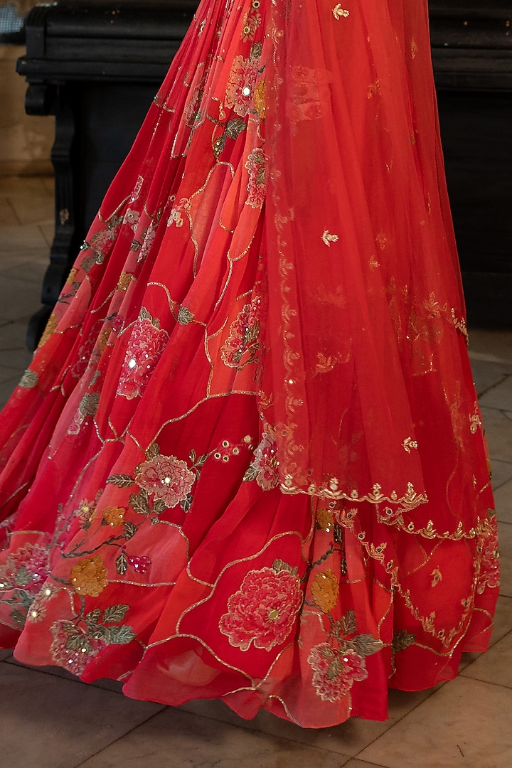 Cherry Red Georgette Printed Wedding Lehenga Set by Paulmi & Harsh at Pernia's Pop Up Shop