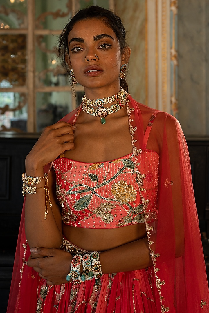 Cherry Red Georgette Printed Wedding Lehenga Set by Paulmi & Harsh at Pernia's Pop Up Shop