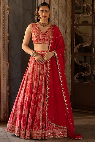 Cherry Red Cotton Silk Printed Lehenga Set by Paulmi & Harsh