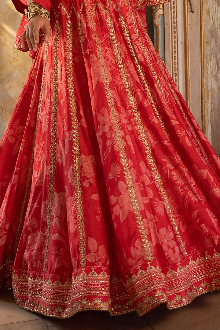 Cherry Red Cotton Silk Printed Wedding Lehenga Set by Paulmi & Harsh at Pernia's Pop Up Shop