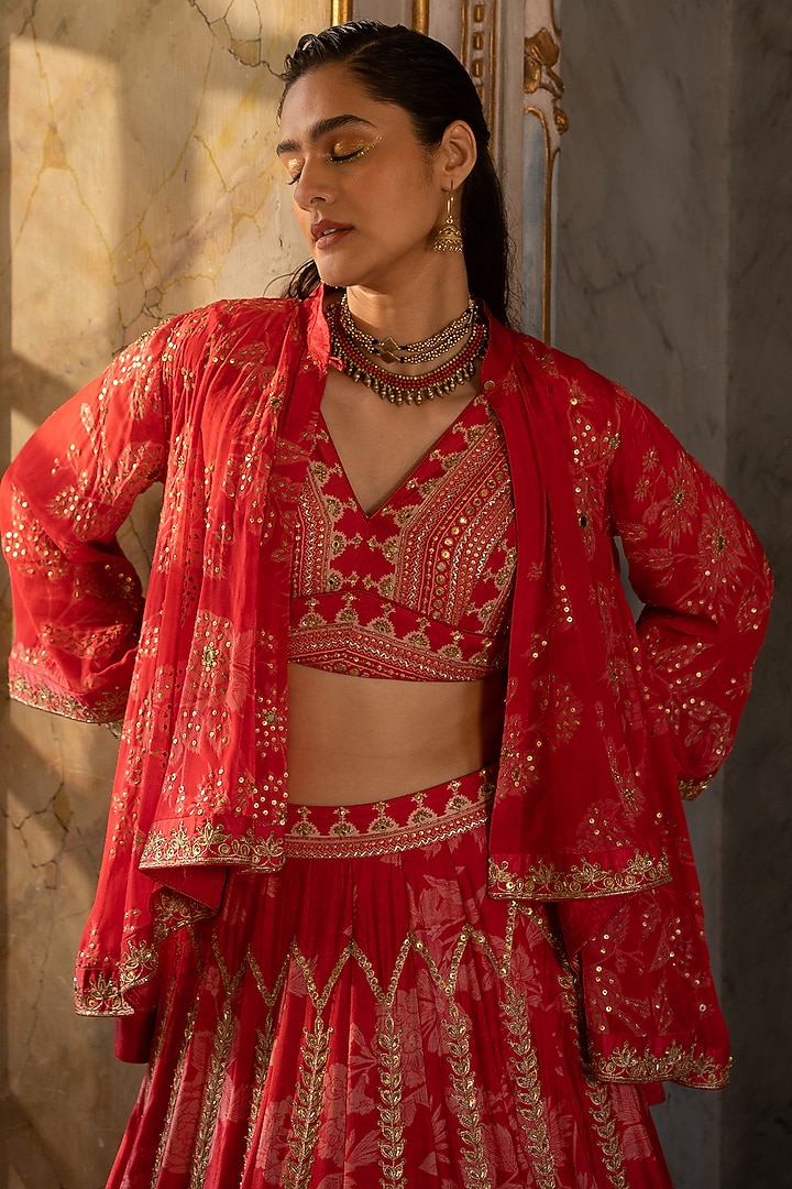 Cherry Red Cotton Silk Printed Wedding Lehenga Set by Paulmi & Harsh at Pernia's Pop Up Shop