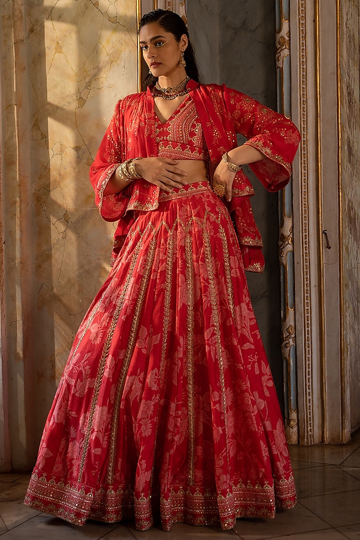 Cherry Red Cotton Silk Printed Wedding Lehenga Set by Paulmi & Harsh at Pernia's Pop Up Shop
