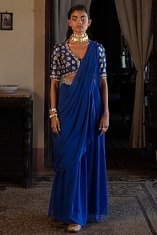Electric Blue Georgette Pre-Stitched Saree Set by Paulmi & Harsh