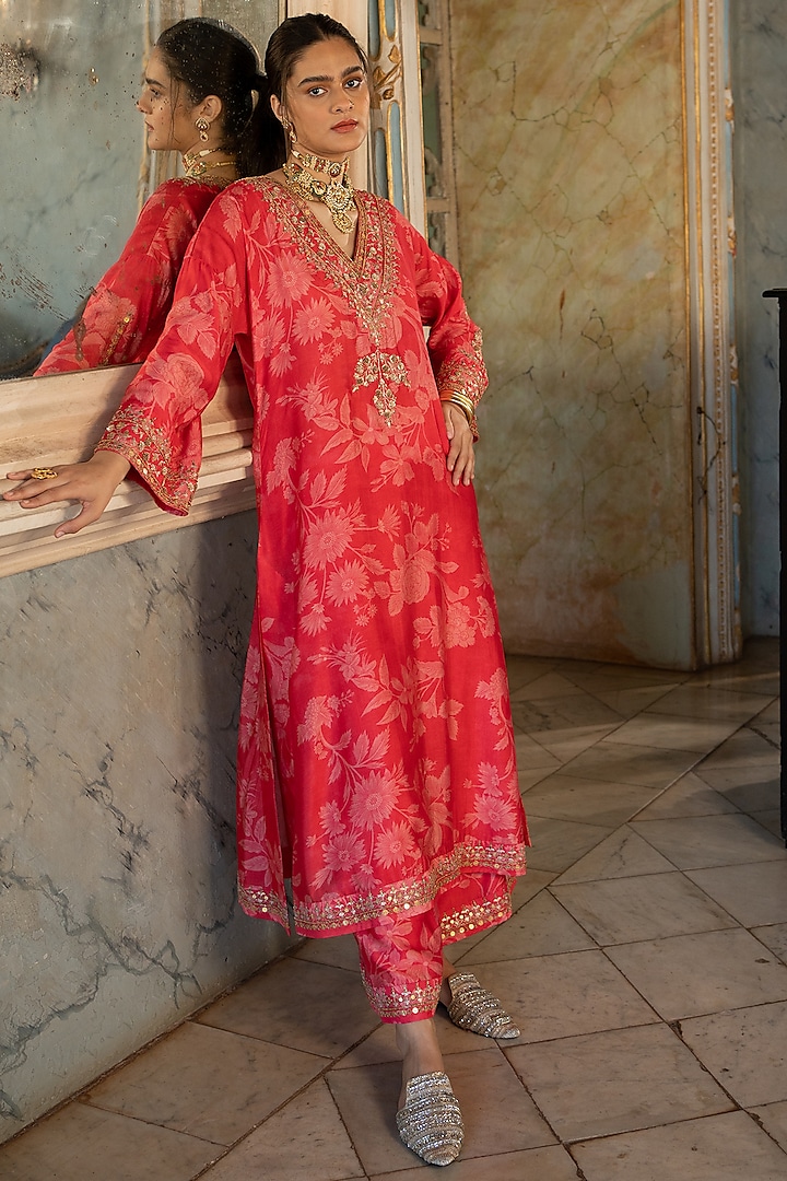 Red Cotton Silk Printed Kurta Set by Paulmi & Harsh