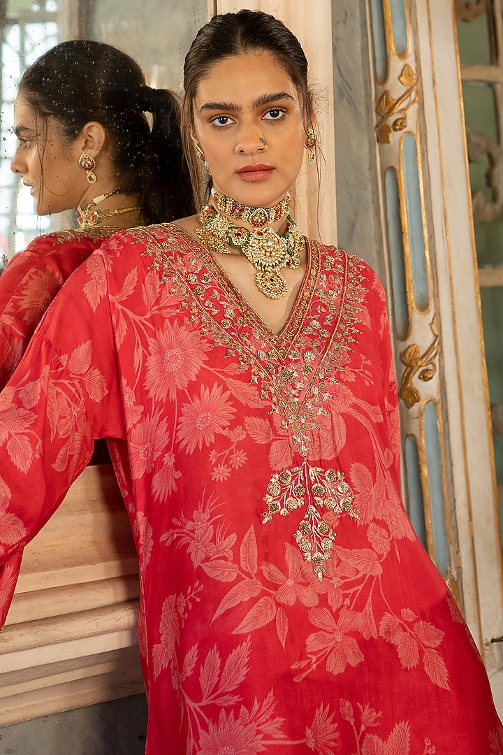 Red Cotton Silk Printed Kurta Set by Paulmi & Harsh at Pernia's Pop Up Shop
