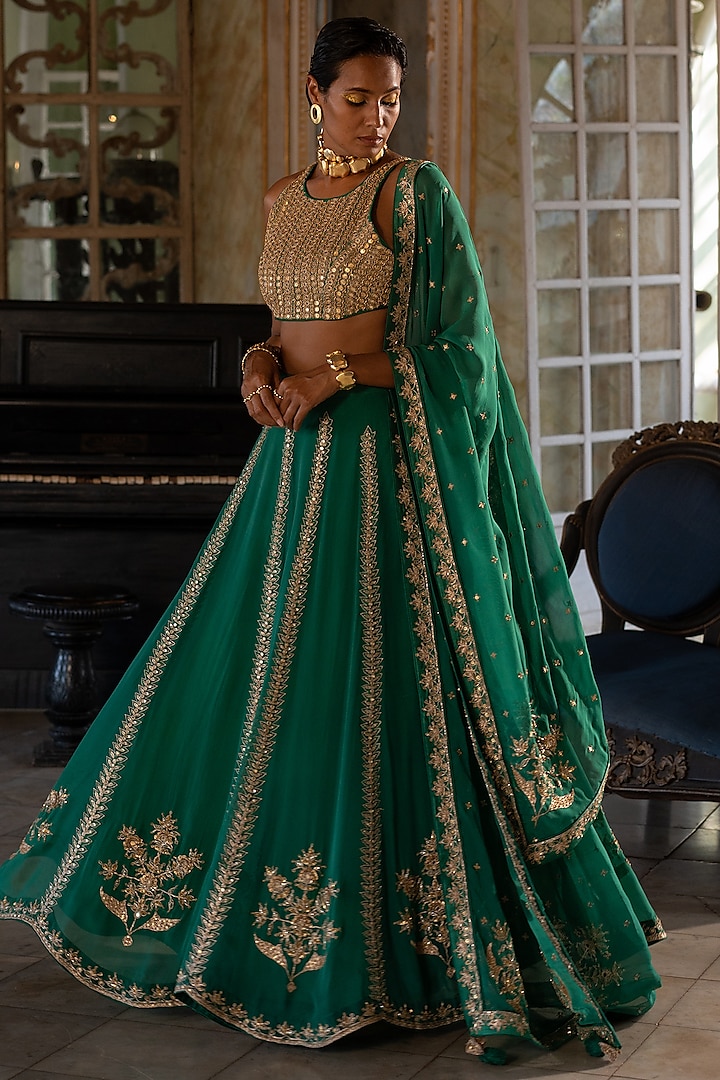 Emerald Green Organza Hand Embroidered Wedding Lehenga Set by Paulmi & Harsh at Pernia's Pop Up Shop