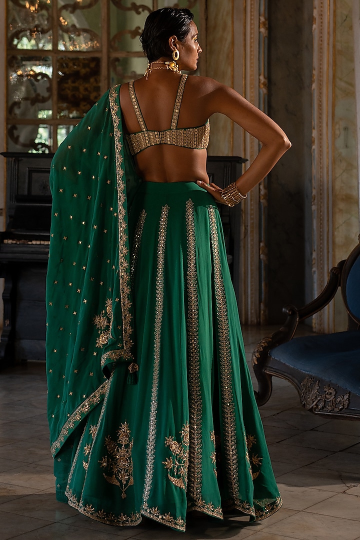 Emerald Green Organza Hand Embroidered Wedding Lehenga Set by Paulmi & Harsh at Pernia's Pop Up Shop