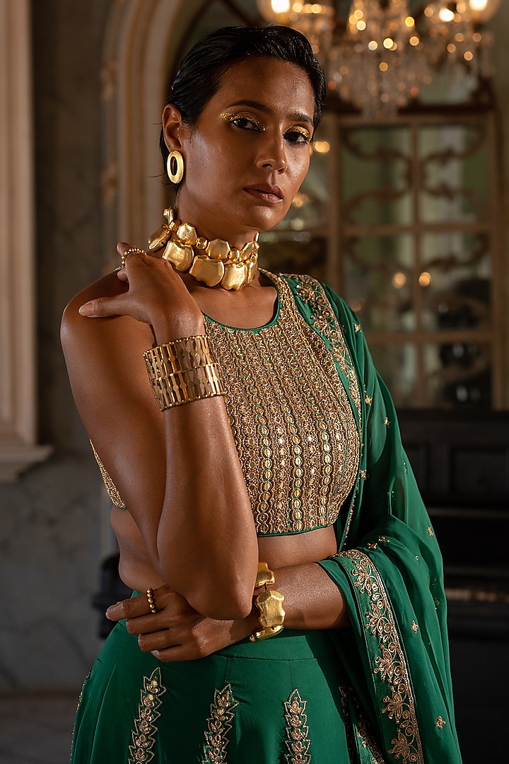 Emerald Green Organza Hand Embroidered Wedding Lehenga Set by Paulmi & Harsh at Pernia's Pop Up Shop