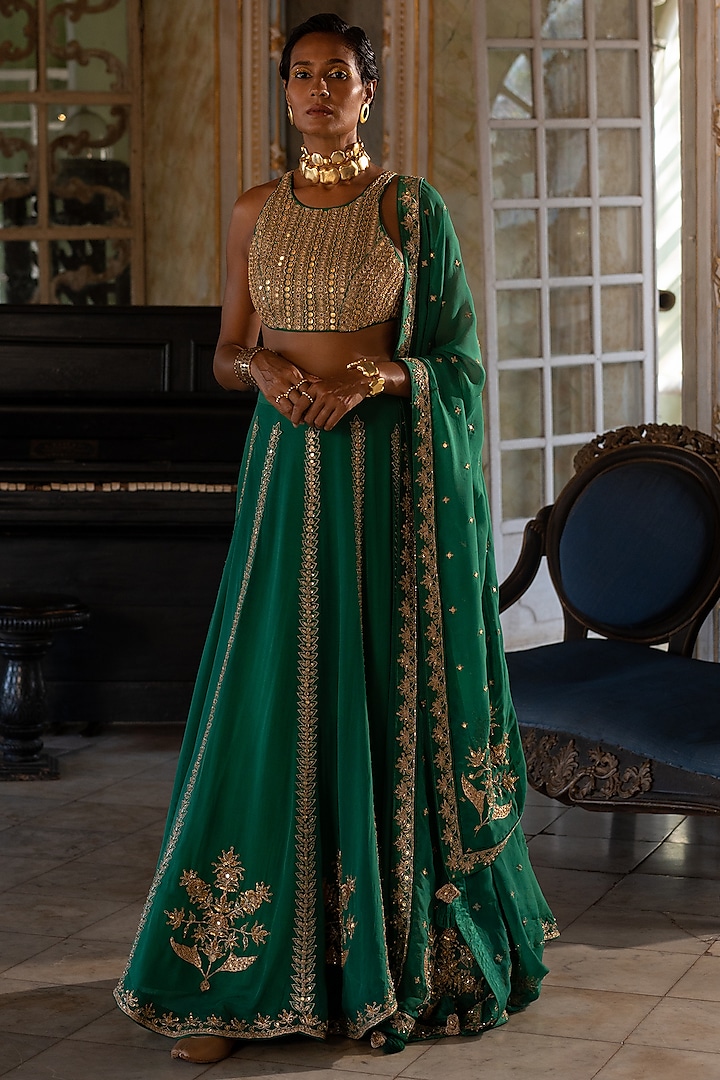 Emerald Green Organza Hand Embroidered Wedding Lehenga Set by Paulmi & Harsh at Pernia's Pop Up Shop