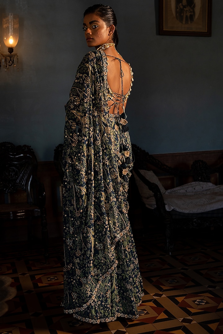 Navy Blue Georgette Printed Pre-Stitched Wedding Saree Set by Paulmi & Harsh at Pernia's Pop Up Shop
