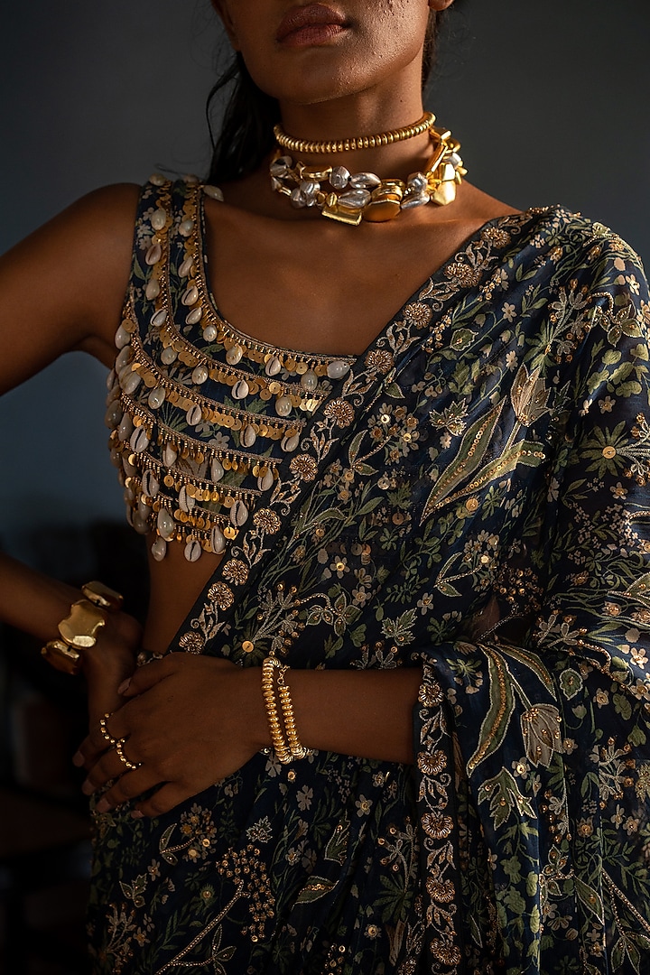 Navy Blue Georgette Printed Pre-Stitched Wedding Saree Set by Paulmi & Harsh at Pernia's Pop Up Shop