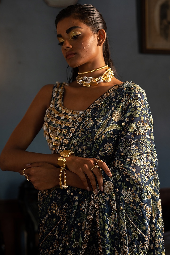 Navy Blue Georgette Printed Pre-Stitched Wedding Saree Set by Paulmi & Harsh at Pernia's Pop Up Shop